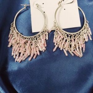 Pink Baguet Beaded Hoop Earrings Silver Tone